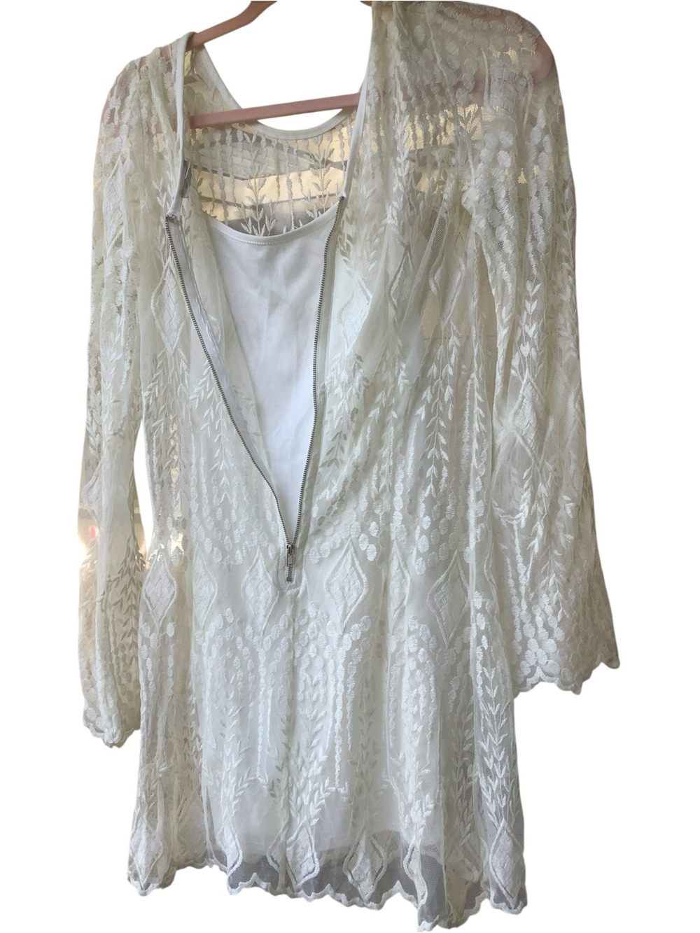 Ecole White Embroidered Lace Dress Attached Slip Boho Size Medium - Picture 4 of 11